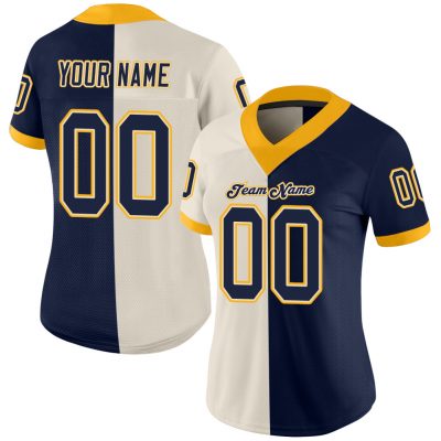 Custom Cream Navy-Gold Mesh Split Fashion Football Jersey